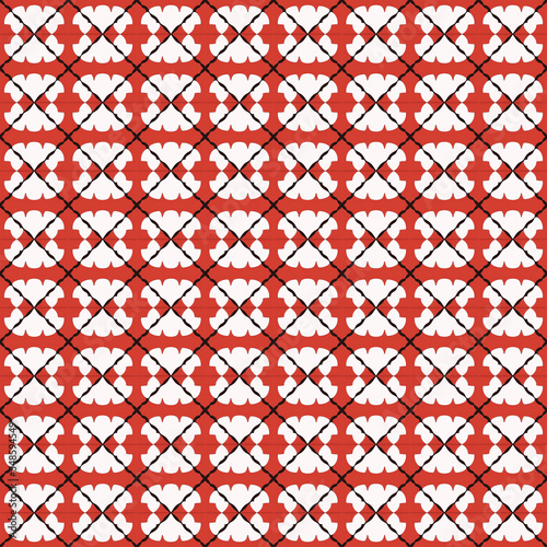 White geometric modern style shape with connected black wire tile pattern on red texture background