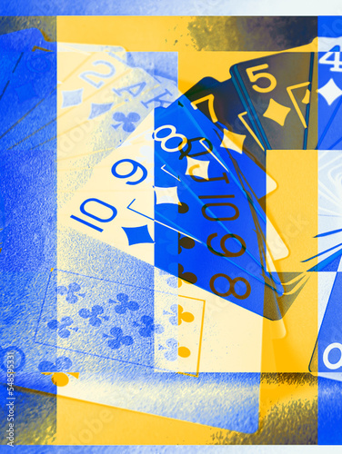 Abstraction - A fan of playing cards of diamonds and cross suits, on a yellow-blue background.
