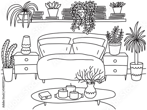 Bedroom interior coloring page vector illustration. Cozy coloring page with berdoom interior and plants