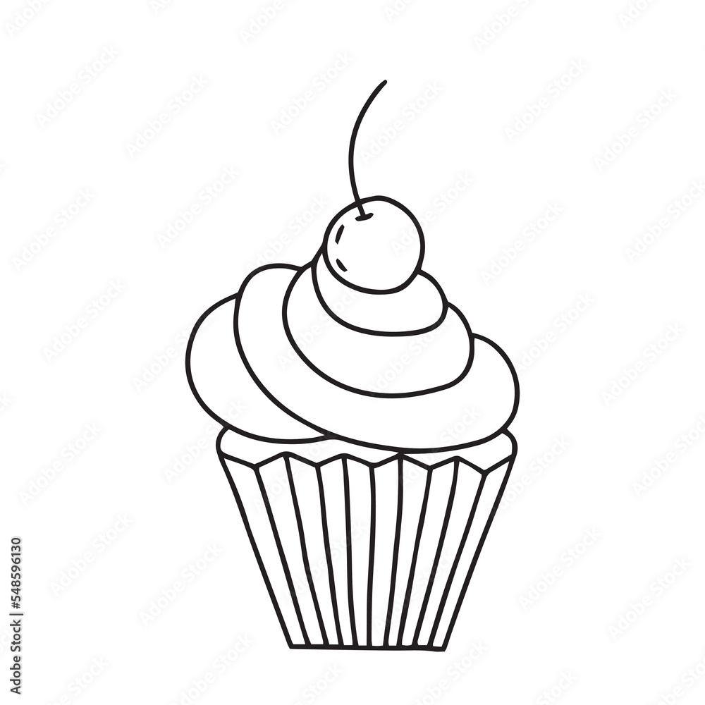 Hand drawn doodle cupcake with berry on top isolated Hand drawn doodle cupcake with berry on top isolated