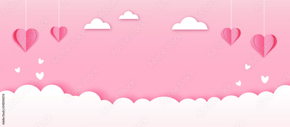 Pink banner, background or postcard with paper cut flying elements, clouds, vector symbols of love in shape of heart for greeting card design in paper cut style