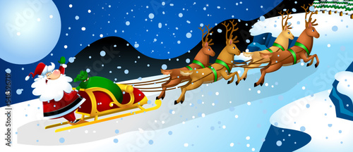 Happy Santa Claus Cartoon Character A Reindeers Flying In A Sleigh. Vector Flat Design Illustration With Winter Background