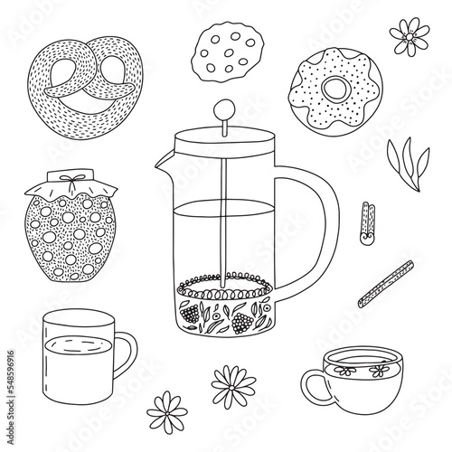 Vector doodle tea ceremony set. Hand drawn tea elements, french press, pretzel, cup, donut and cooking