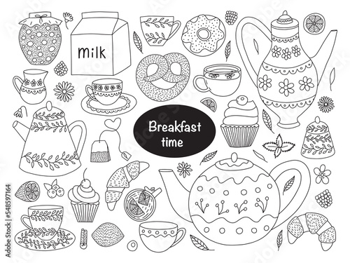 Vector tea ceremony hand drawn set. Tea collection vector doodle set. Teapot, cup, flowers, desserts, jam and croissant isolated