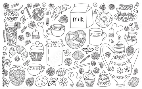 Vector tea ceremony hand drawn set. Tea collection vector doodle set. Teapot, cup, flowers, desserts, jam and croissant isolated. Breakfast ideas