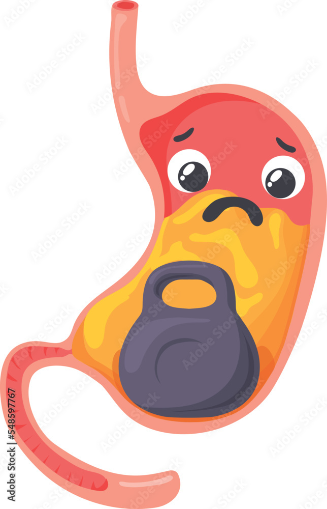 Full stomach heaviness filling. Cartoon sad character Full stomach heaviness filling. Cartoon sad character