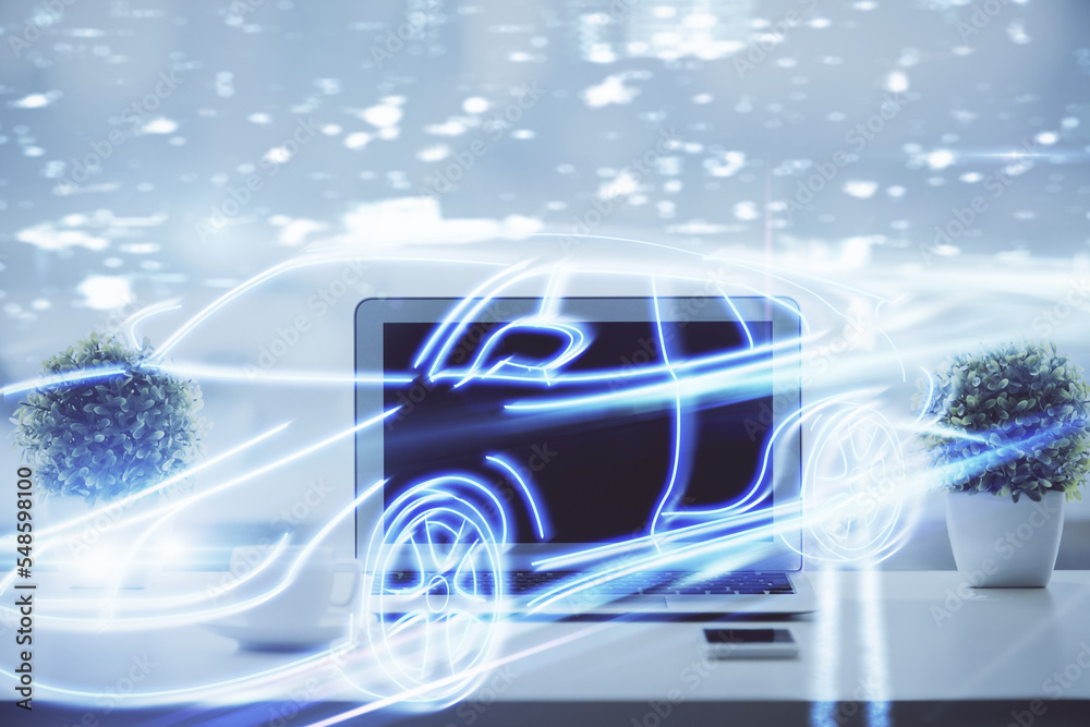 Desktop computer background in office with automobile hologram drawing. Multi exposure. Tech concept. Desktop computer background in office with automobile hologram drawing. Multi exposure. Tech concept.