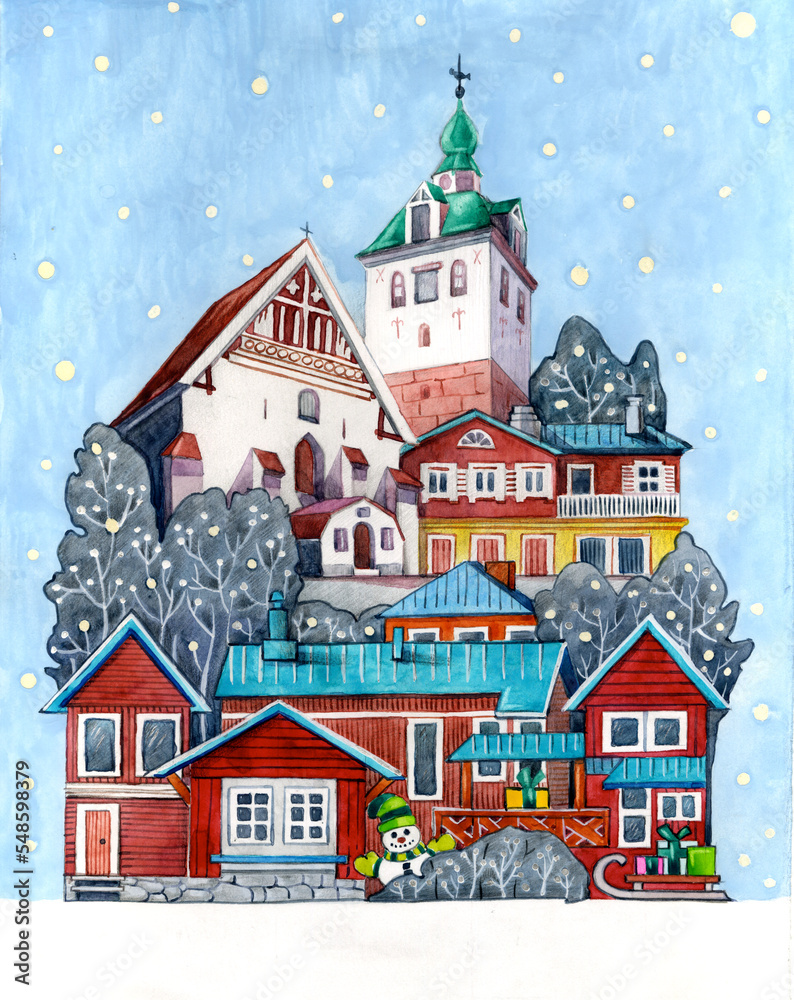 Watercolor illustrations with elements. Winter in a town. 