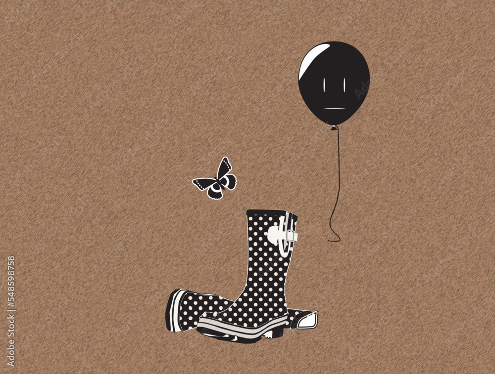 Kinderlaarsjes met vlinder en ballon rouwkaart.
Children's boots with butterfly and balloon funeral card