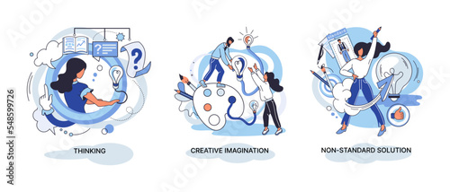 Creative thinking. People with different mental mindset types or model creative. Imaginative logical and structural thinking. MBTI person metaphor. Non standart solution. Brain think people solve idea