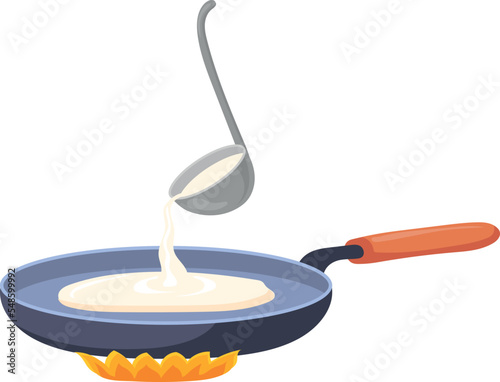 Pouring dough on frying pan. Cartoon pancakes cooking
