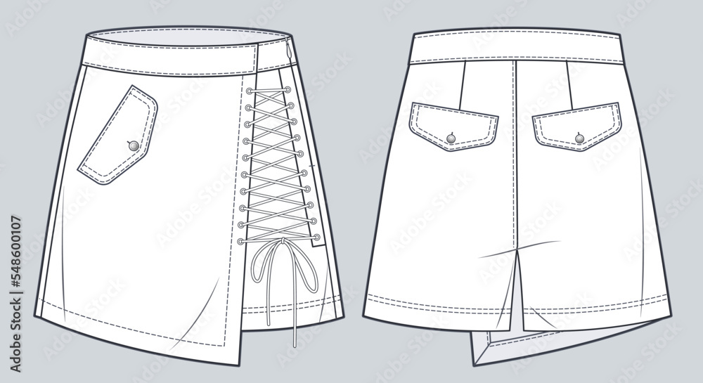 Short Pants, Skirt technical fashion illustration. Lace up Shorts, Skirt  fashion flat technical drawing template, high waisted, front and back view,  white, women CAD mockup. Stock Vector
