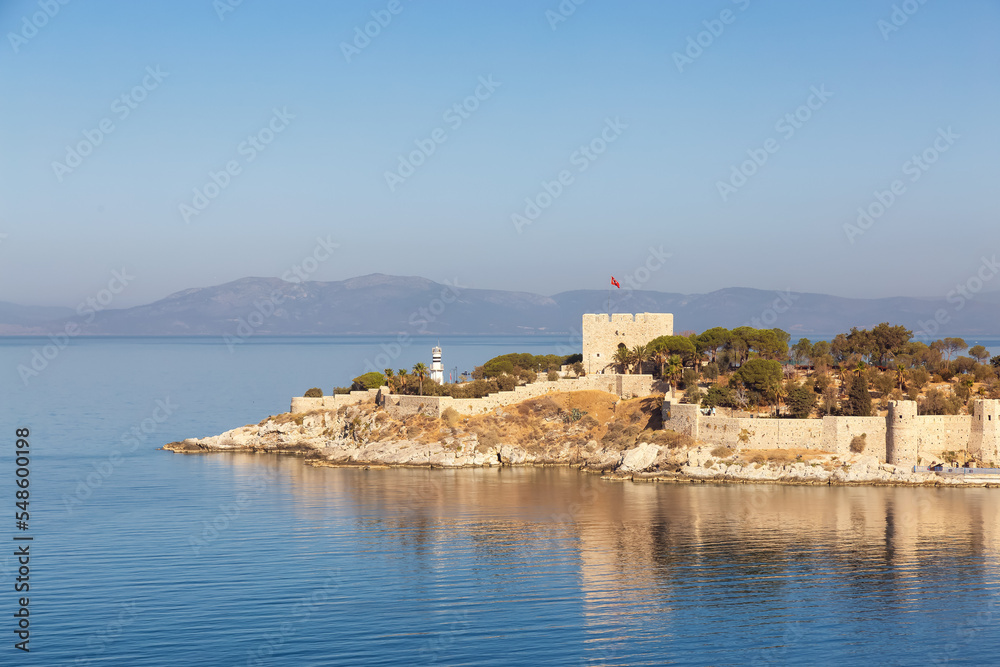 Historic Landmark, Kusadasi Castle, in a Touristic Town by the Aegean Sea. Kusadasi, Turkey. Sunny Morning Sunrise.