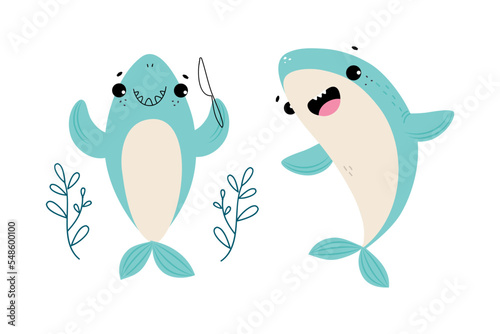 Comic Blue Shark with Fins as Marine Animal with Knife Floating in the Ocean Vector Set