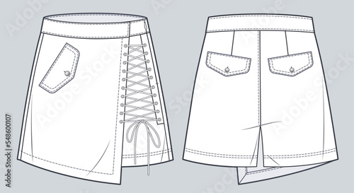  Short Pants, Skirt technical fashion illustration. Lace up Shorts, Skirt fashion flat technical drawing template, high waisted, front and back view, white, women CAD mockup.