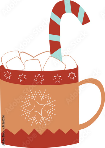 Cup with hot drink and candy, winter cocoa with marshmallows