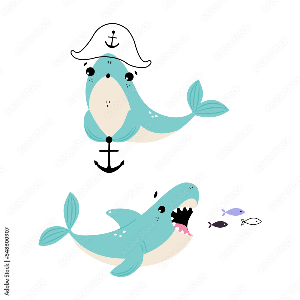 Comic Blue Shark with Fins as Marine Animal Swallowing Fish and with Anchor Vector Set Comic Blue Shark with Fins as Marine Animal Swallowing Fish and with Anchor Vector Set