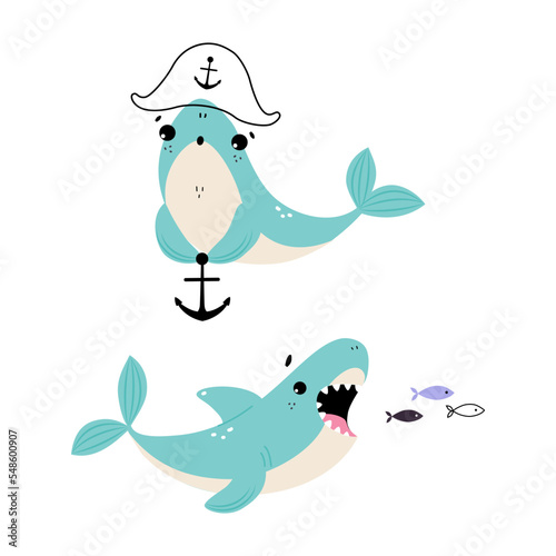 Comic Blue Shark with Fins as Marine Animal Swallowing Fish and with Anchor Vector Set