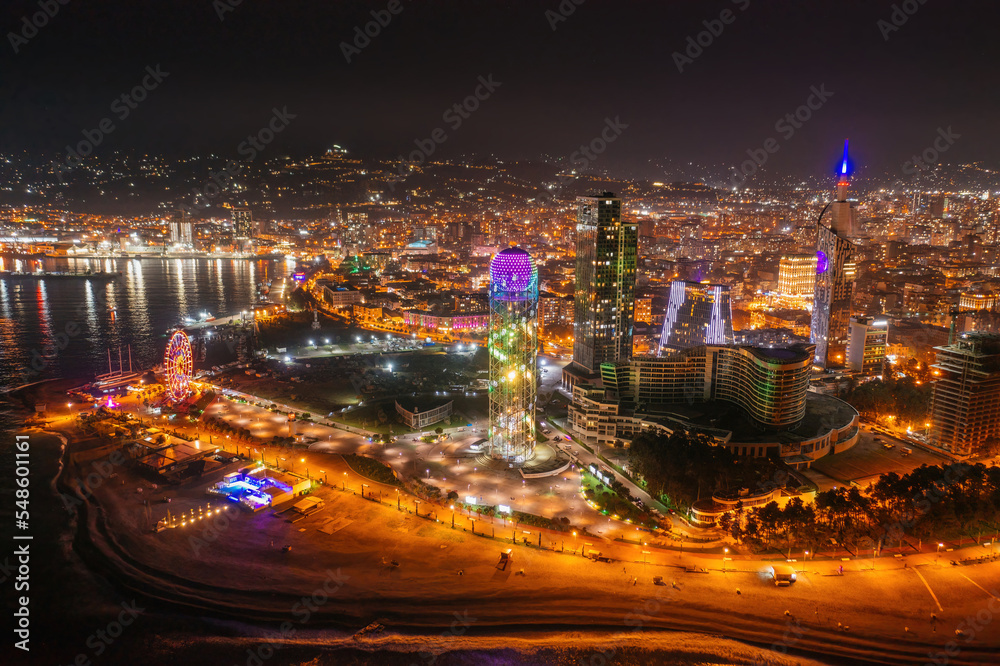 Drone aerial view of night Batumi City, Georgia