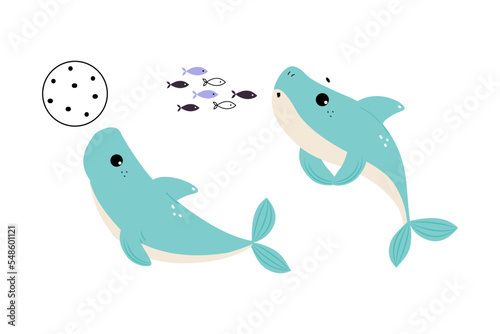 Comic Blue Shark with Fins as Marine Animal with Ball and Fish Vector Set