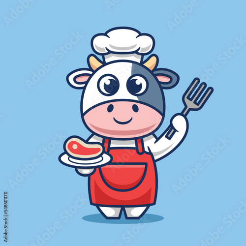 Cute Chef Cow Grill Meat Cartoon Vector Icon Illustration