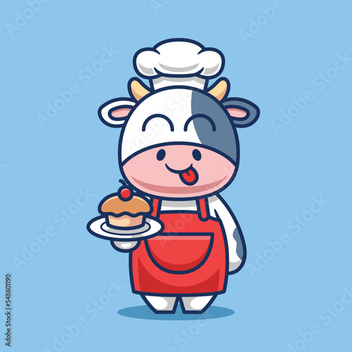 Cute cow chef with cake in hand cartoon vector illustration photo