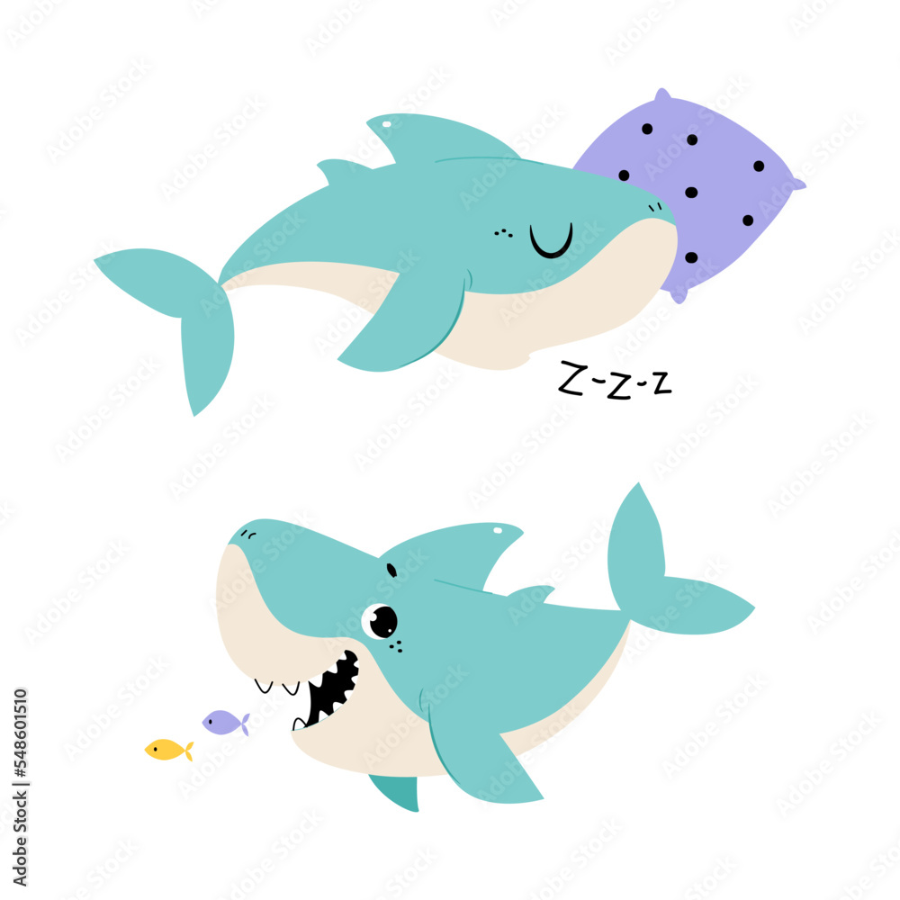 Comic Blue Shark with Fins as Marine Animal Sleeping on Pillow and Swallowing Fish Vector Set Comic Blue Shark with Fins as Marine Animal Sleeping on Pillow and Swallowing Fish Vector Set