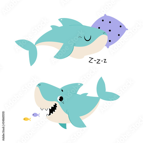 Comic Blue Shark with Fins as Marine Animal Sleeping on Pillow and Swallowing Fish Vector Set
