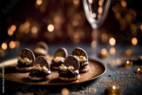 Sumptuous decadent christmas party food, canapes desserts and cakes, landscape format DPS photo