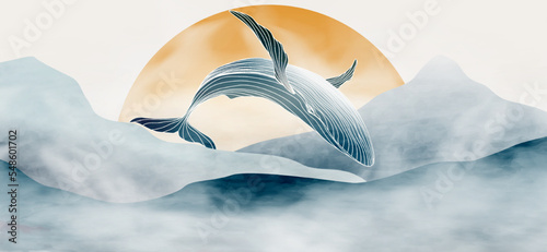 Abstract watercolor art background with mountains and whale in white art line style. Vector banner for decoration, wallpaper, textile, interior design, print.