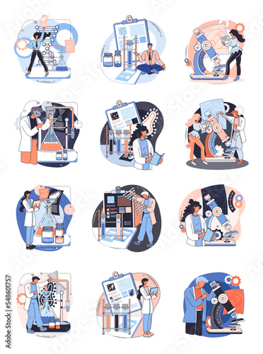 Medical research. Laboratory diagnostic services, medical device design development scenes metaphor. Scientists in hemistry clinic laboratories, microbiology pharmaceutical research. Vaccine discovery