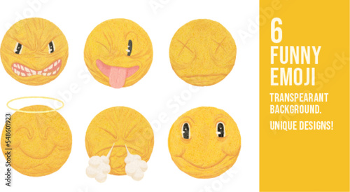 6x hilarious Emoji characters — VECTOR Mega set with clear background transparency	