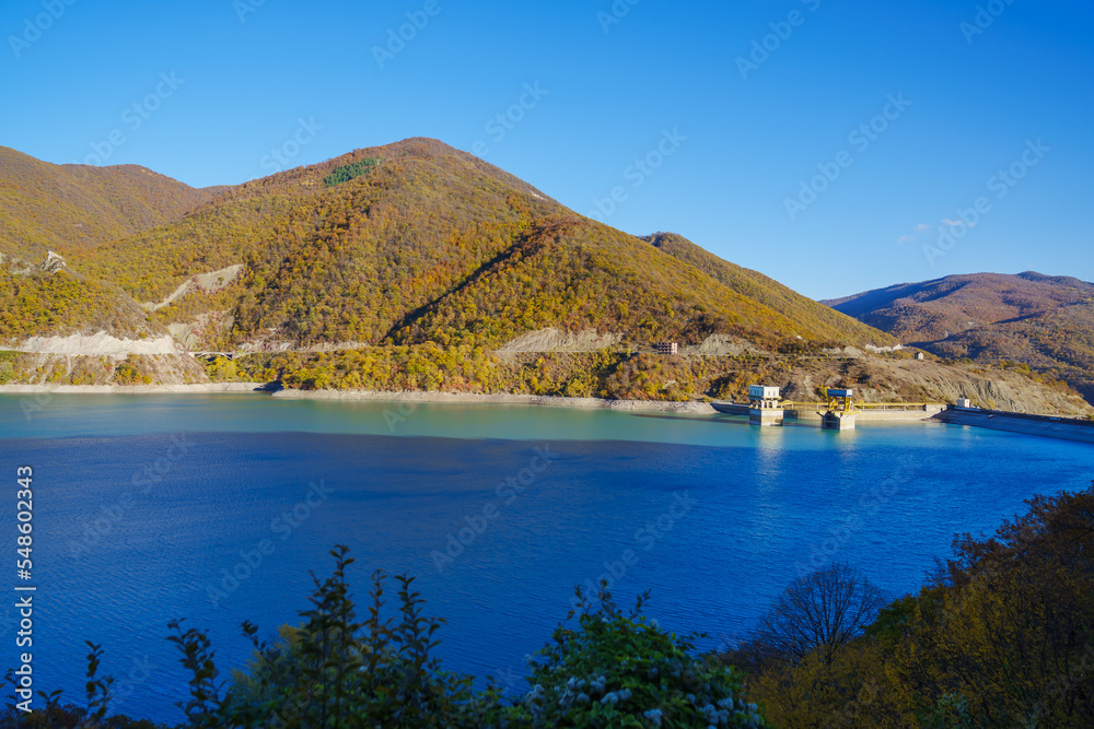 mountain landscape. beautiful blue lake reservoir among the mountains.