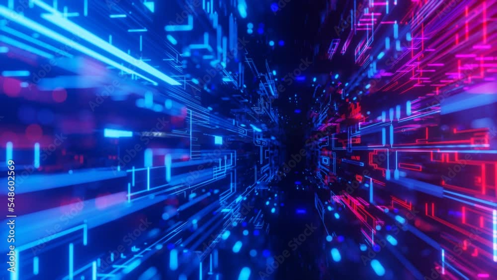 pattern like sci-fi hologram. Fly through technology cyberspace with neon glow. Sci-fi flight through hi-tech technology tunnel. Glow line. 3d looped seamless 4k bright bg. Data flow. Blocks