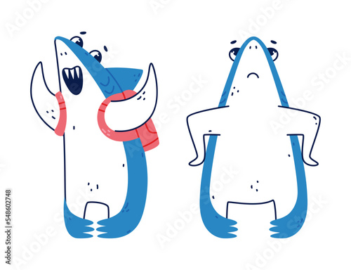 Cute Blue Shark as Sea Animal with Dorsal Fin with Backpack and with Grumpy Face Vector Set