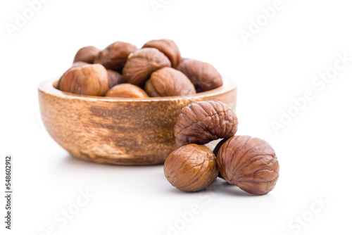 Peeled chestnuts. Sweet roasted chestnuts isolated on white background.