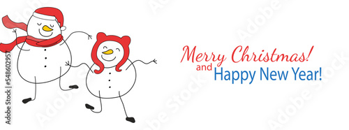 Horizontal background with Christmas snowmen vector illustration. Dancing snowman characters in red hats. Merry Christmas and Happy New Year. Poster template