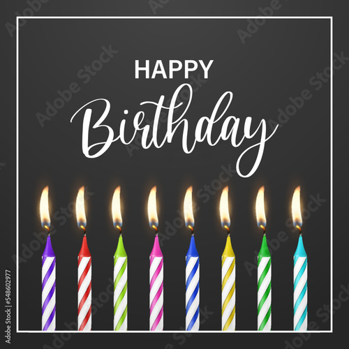 Happy Birthday. Vector Banner, Greeting Card with 3d Realistic Paraffin or Wax Burning Birthday Party Candle and Flame Set on Black Background. Design Template, Clipart, Birthday Concept