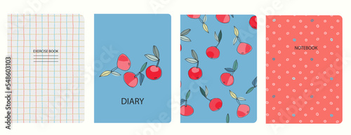 Set of cover page templates with apples, pea, hand drawn gridlines. Based on seamless patterns. Headers isolated and replaceable. Perfect for notebooks, notepads, diaries