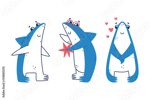 Cute Blue Shark as Sea Animal with Dorsal Fin with Starfish and Feeling Love Vector Set
