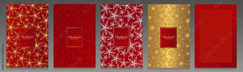 Luxury Christmas covers set. Pattern of gold, red and silver stars on a red gradient background. Metallic brochures, elegant invitations or flyers for festive concept.
