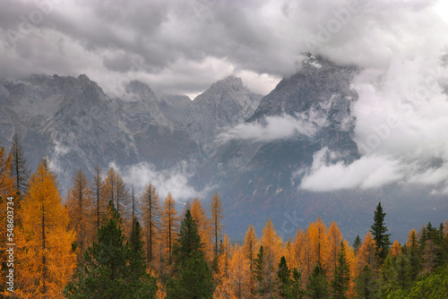 Stormy clouds over Cristallo mountains in the Dolomites, Italy, Europe