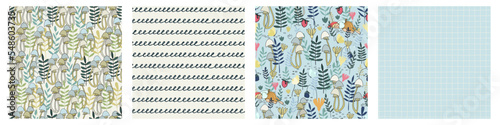 Seamless patterns set with funny female gnome gathering berries, mushrooms, flowers. Fairy tale elf girls in red hats and wooden shoes in the forest. Vector illustration for children