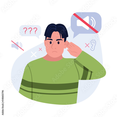 Vector illustration of deaf-mute. Cartoon scene with deaf-mute guy who can't hear anything and with signs without sound on white background.
