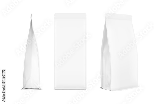 Flat bottom pouch mockup. Vector illustration isolated on white background. Suite for the presentation of coffee, food, for pets, household, etc. EPS10.	