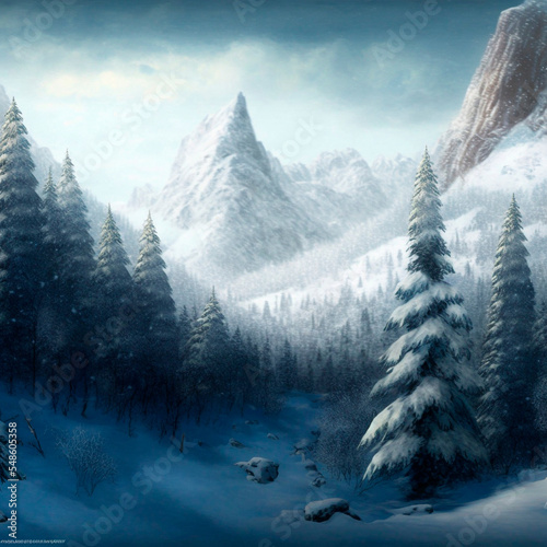 Illustration of a winter snow-covered forest. High quality illustration © NeuroSky