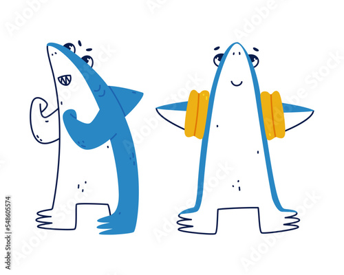 Cute Blue Shark as Sea Animal with Dorsal Fin with Rubber Armbands and Boxing Vector Set