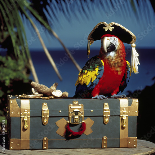 Pirate parrot on a treasure chest
