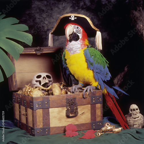 Pirate parrot on a treasure chest