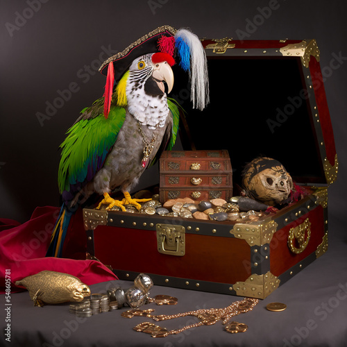 Pirate parrot on a treasure chest